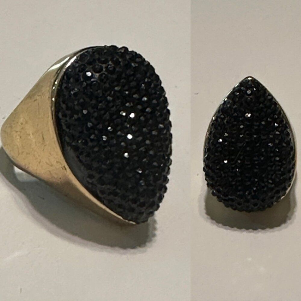 Black Rhinestone Teardrop Gold Tone Chunky Ring 7.5 Statement
